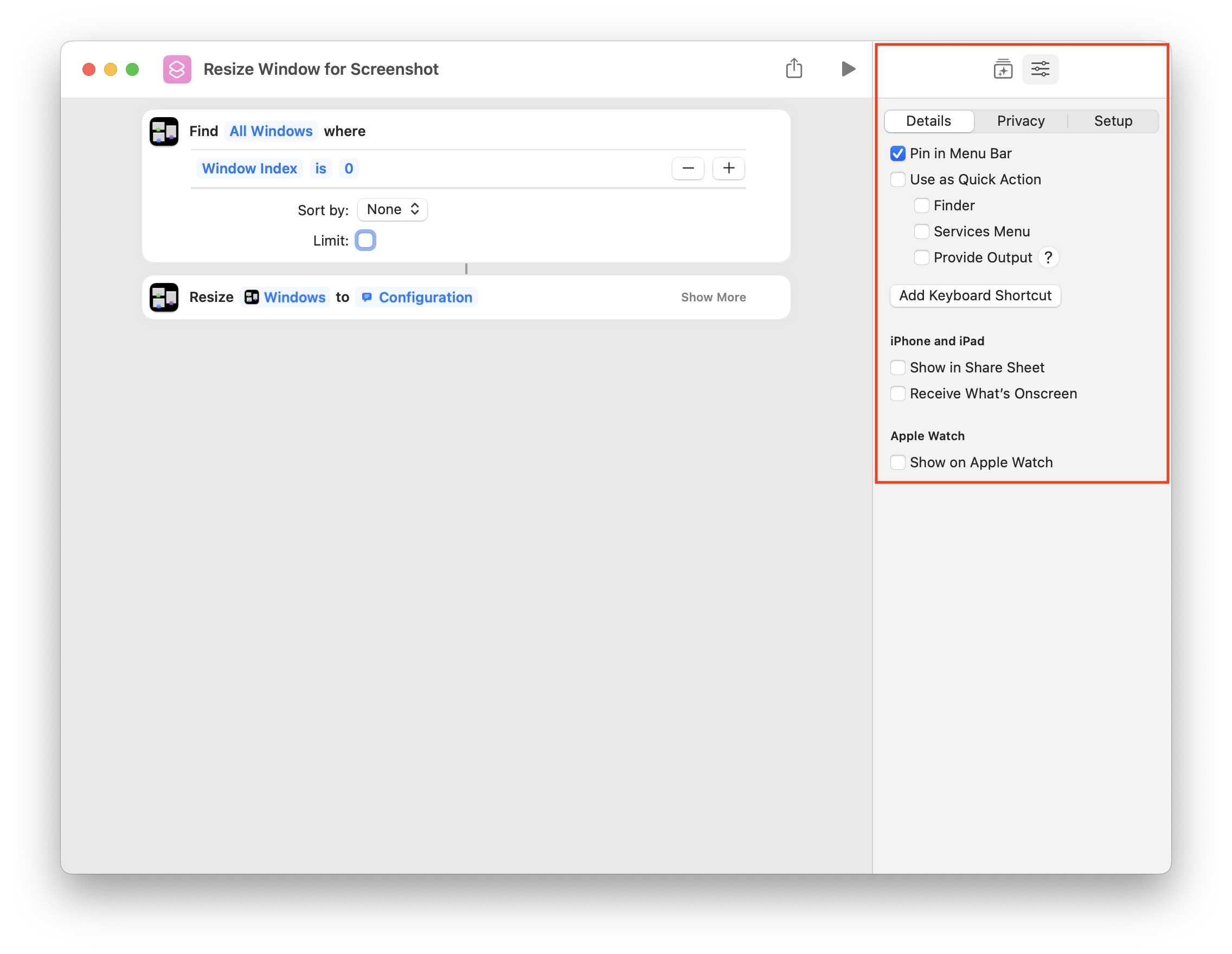 Screenshot highlighting the menu options for pinning the Shortcut to the OSX Menu Bar.